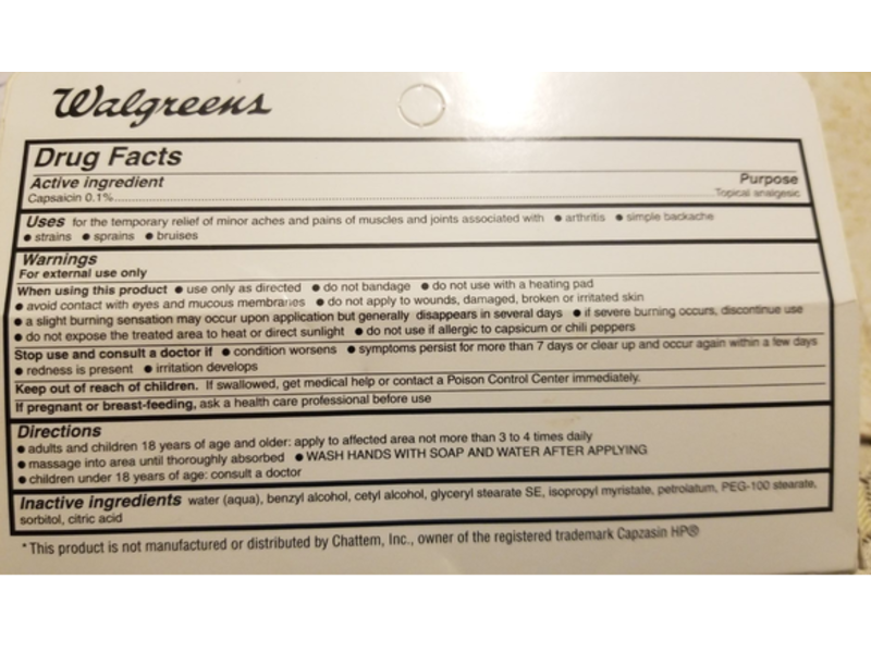 Walgreens Capsaicin Arthritis Pain Relief, High Potency Strength, 1.4 oz/42.5 g