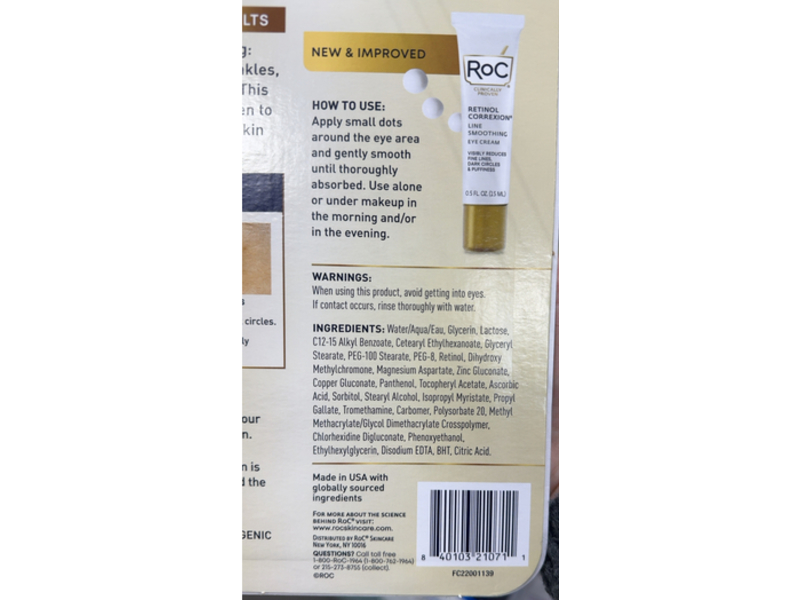 Roc Retinol Correxion Eye Cream, Line Smoothing, 0.5 fl oz/15 mL, Pack Of 2