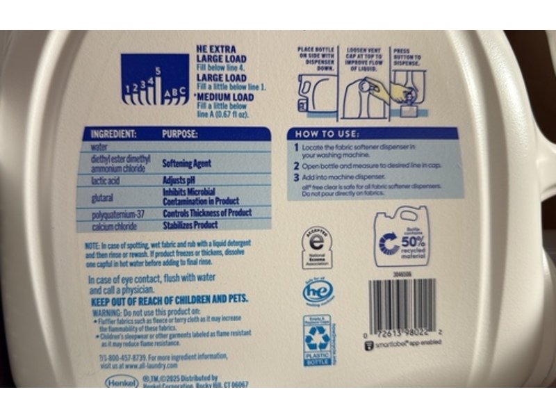 All Liquid Fabric Softener, Free & Clear, 213 Loads, 143 fl oz/4.22 L