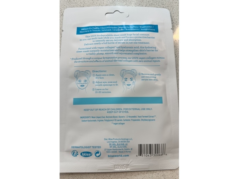 Bliss Vegan Collagen + Hyaluronic Acid Hydratimg Sheet Mask, 0.8 oz/25 g