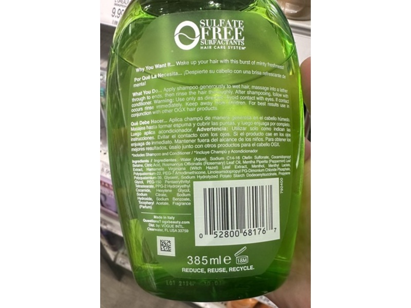 OGX Refreshing Scalp+ Shampoo, Rosemary Mint, 13 fl oz/385 mL