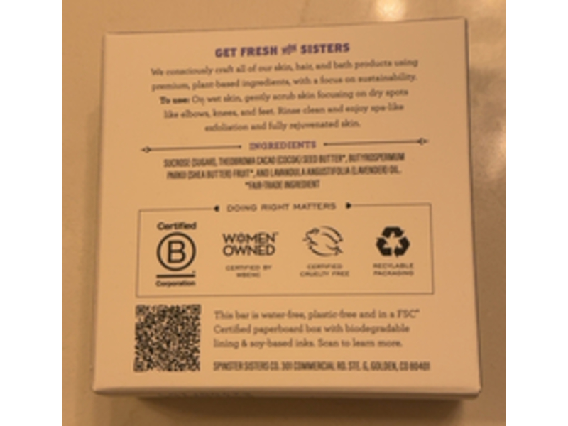 Spinster Sisters Co Sugar Scrub Bar, Lavender, 4 oz//113 g