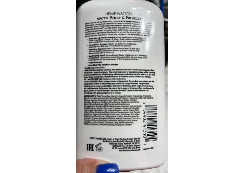 Australian Gold Hemp Nation Moisturizing Tan Extender, Artic Berry & Prosecco, 18 fl oz/535 mL