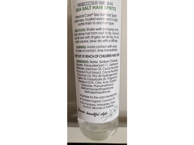 Personal Care Sea Salt Hair Spritz, Jasmine & Organic Coconut, 6.7 fl oz/198 mL
