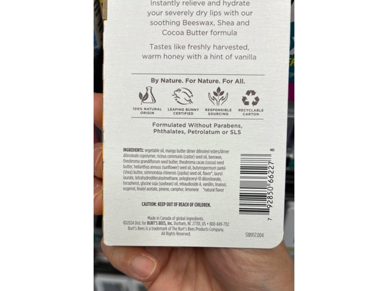 Burt's Bees Rescue Lip Relief Balm, Honey Vanilla, 0.35 oz/9.92 g