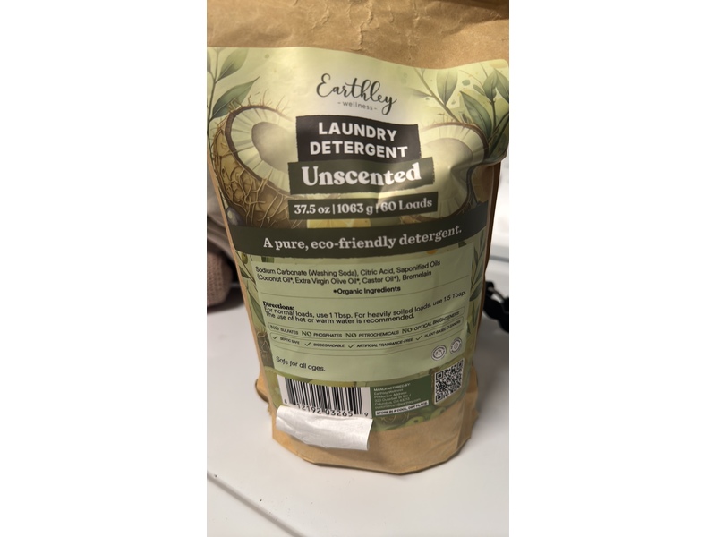 Earthley Wellness Laundry Detergent, Unscented, 60 Loads, 37.5 oz/1063 g