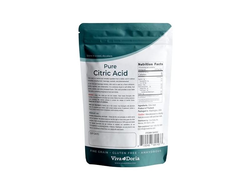 Viva Doria 100% Pure Citric Acid, Food Grade, Fine Grain, 12 oz (340 g)