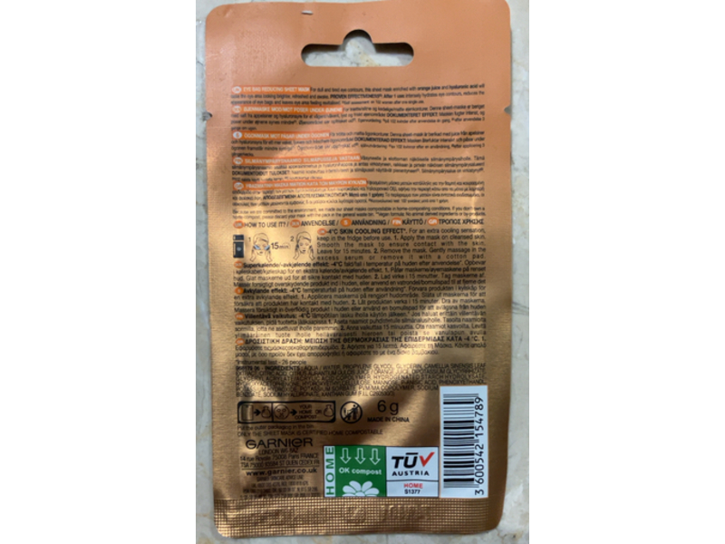 Garnier Moisture Bomb Eye Sheet Mask, Hyaluronic Acid + Orange Juice, 6 g, 1 Pair