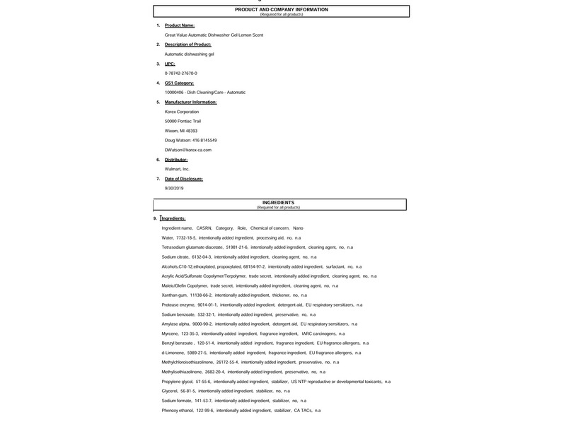Great Value Automatic Dishwasher Gel, Lemon Scent, 75 oz