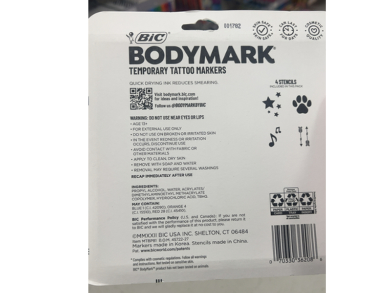 BIC Body Mark Temporary Tattoo Markers, 0.04 fl oz/1.30 mL, 8 Count