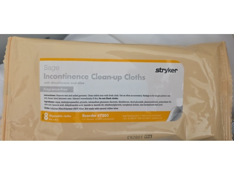Stryker Sage Incontinence Clean-Up Cloths, Fragrance Free, 8 Count