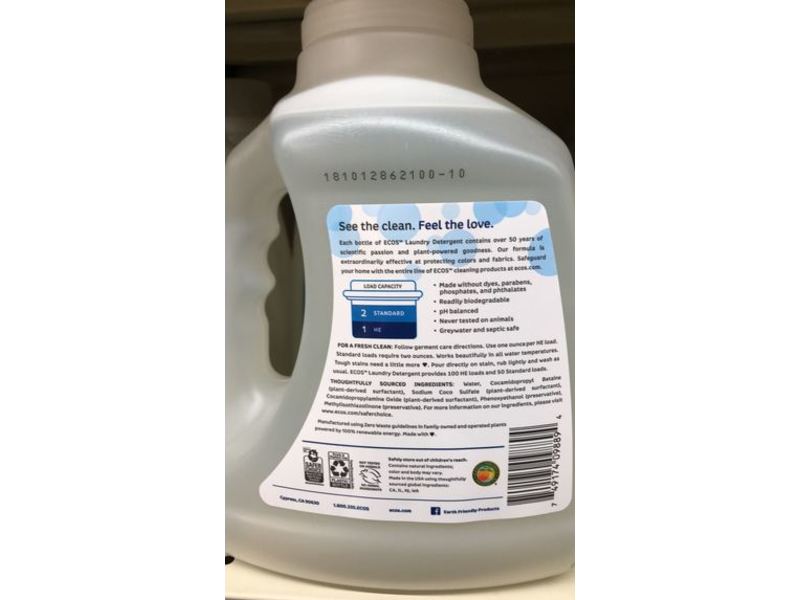 Ecos Laundry Detergent, Free & Clear, 100 Loads, 100 fl oz/2.96 L, Pack Of 2