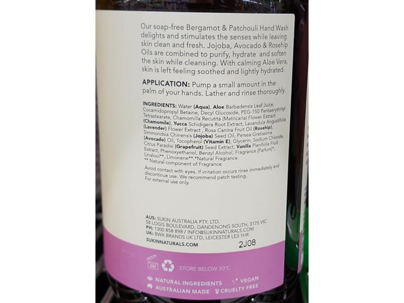 Sukin Naturals Cleansing Hand Wash, Bergamot & Patchouli, 16.9 fl oz/500 mL