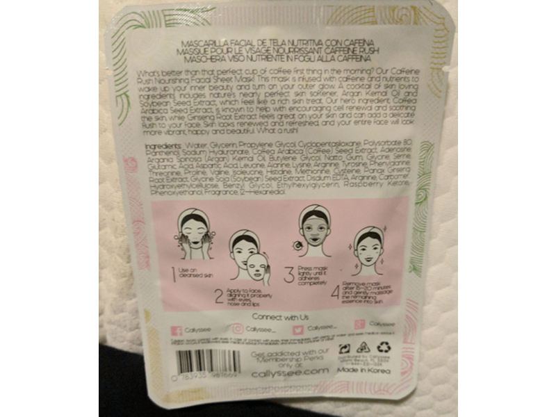 Callyssee Caffeine Rush Nourishing Sheet Mask, 0.77 fl oz / 23 ml