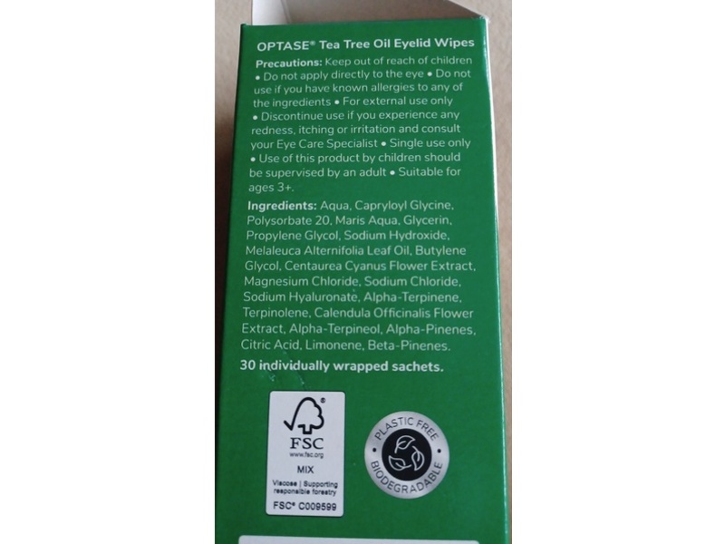 Optase Eyelid Wipes, Tree Oil, 30 Count