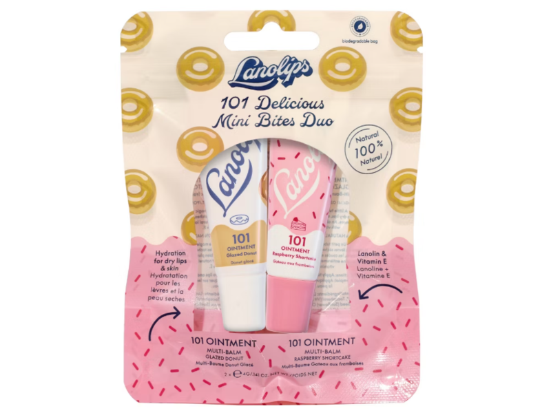 Lanolips 101 Delicious Minis Bites Lip Duo, Glazed Donut & Raspberry Shortcake, 0.141 oz/4 g, Pack Of 2