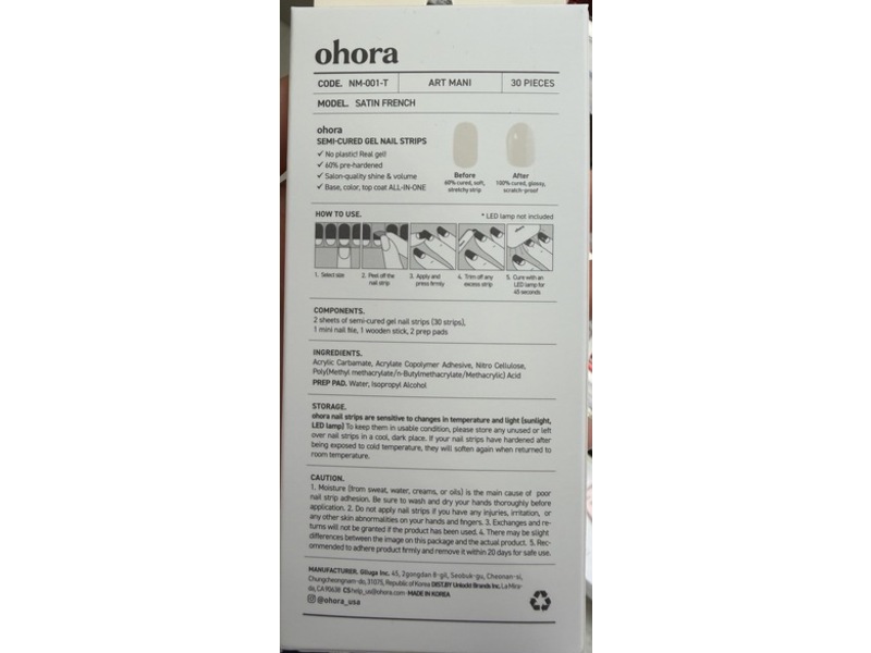 Ohora Semi-Cured Gel Nail Strips, Satin French, 30 Count