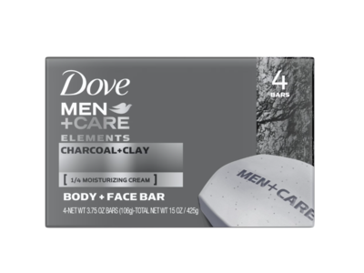 Dove Men + Care Elements Body + Face Bar, Charcoal + Clay, 3.75 oz/106 g, 4 Count