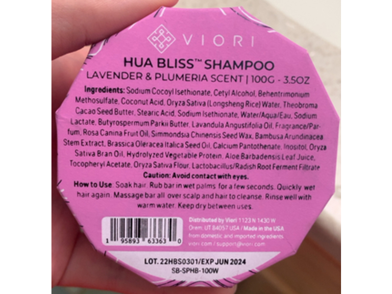 Viori Hua Bliss Shampoo, Lavender & Plumeria Scent, 3.50 oz/100 g