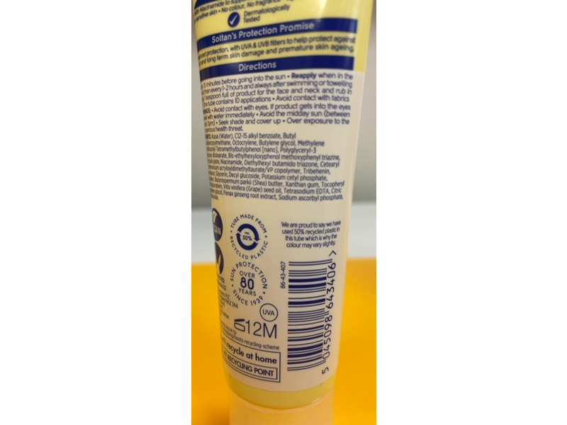 Boots Soltan Hydrating Facial Suncare, Niacinamide, SPF 50, 1.69 fl oz/50 mL