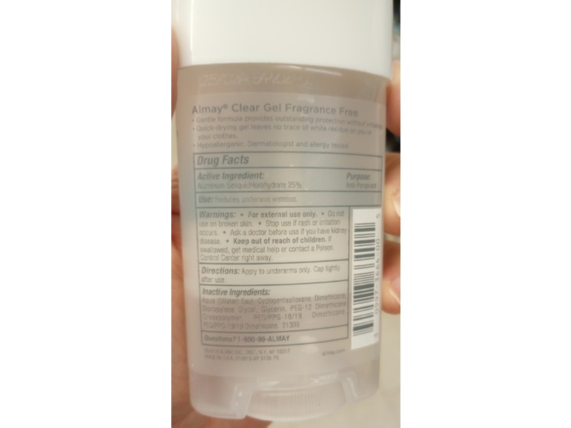 Almay Sensitive Skin Clear Gel Anti-Perspirant & Deodorant, Fragrance Free, 2.25 oz/63 g