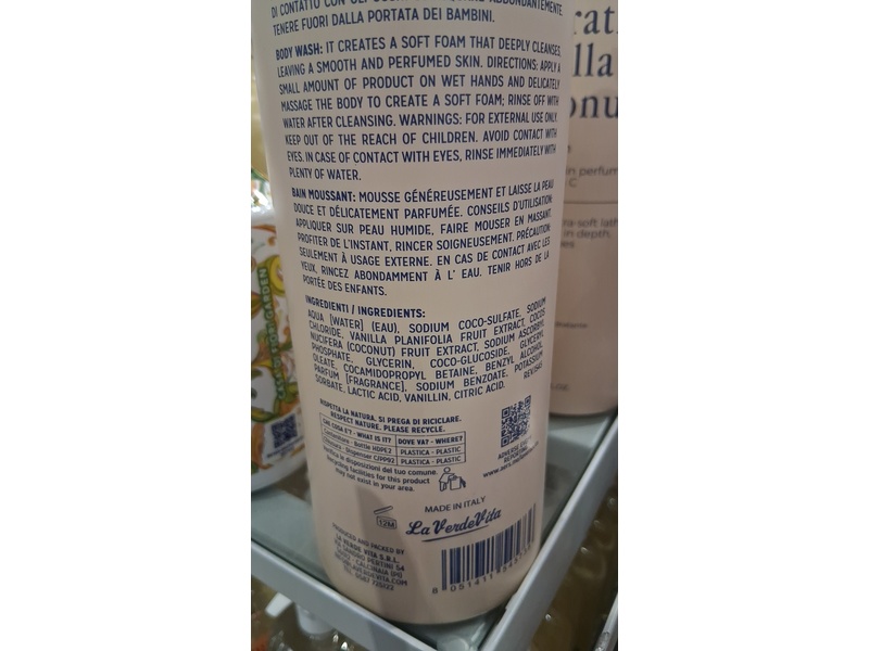 La Verde Vita Hydrating Body Wash, Vanilla Coconut, 33.8 fl oz/1000 mL