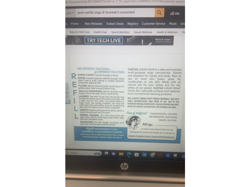 Vermont Soap Castile Liquid Soap, Organic Olive Oil, 64 fl oz/1.89 L