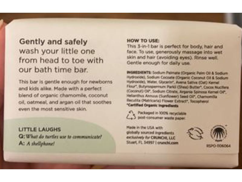 Crunchi Littles 3-In-1 Bath Time Bar, Gentle & Soothing, 3.5 oz/99 g