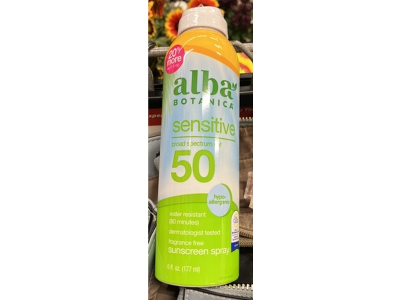 Alba Botanica Sensitive Sunscreen Spray, SPF 50 Fragrance Free, 6 fl oz/177 mL