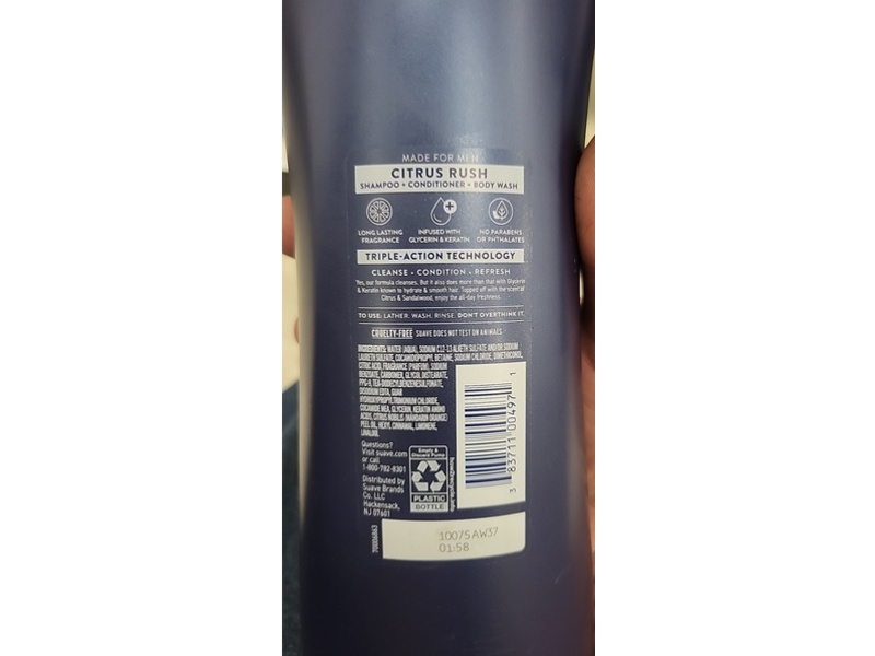 Suave Men Daily Clean Citrus Rush 3-In-1 Shampoo + Conditioner + Body Wash, Citrus & Sandalwood, 28 fl oz/828 mL