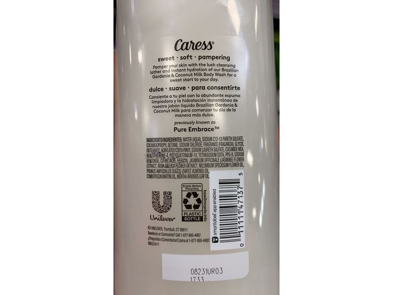 Caress Brazilian Gardenia & Coconut Milk Body Wash,Floral Oil Essence, 18 fl oz/532 mL