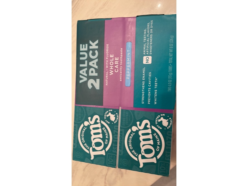 Tom's Of Maine Whole Care Anticavity Toothpaste, Peppermint, 8 oz/226 g, Pack Of 2