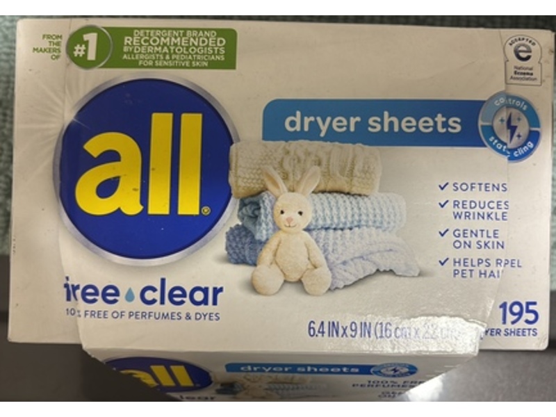 All Dryer Sheets, Free & Clear, 195 Sheets