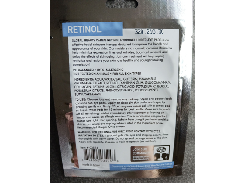 Global Beauty Care Hydrogel Under Eye Pads, Retinol, 1 Pair