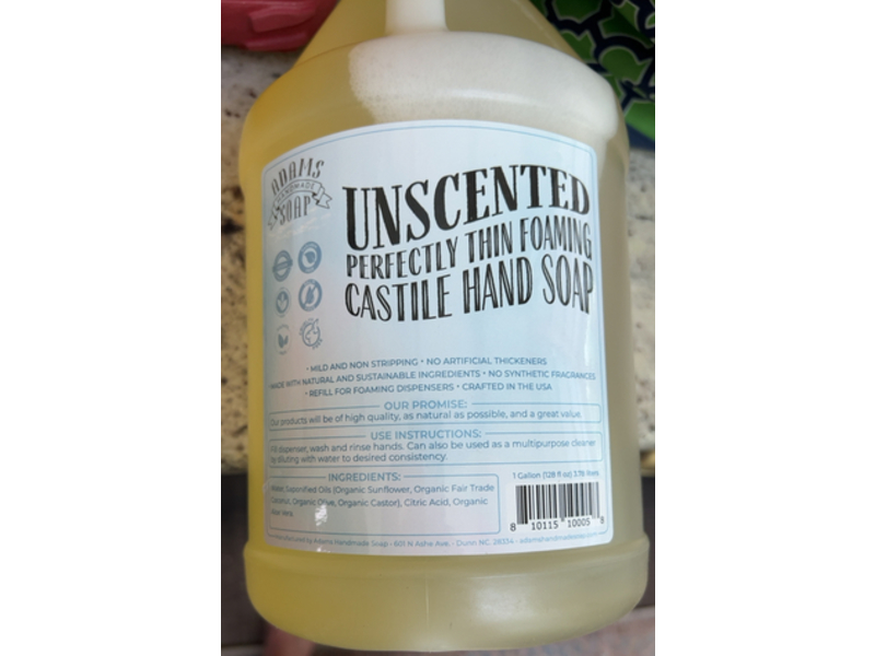 Adams Handmade Soap Perfect Thin Foaming Castile Liquid Hand Soap, 128 fl oz/3.78 L