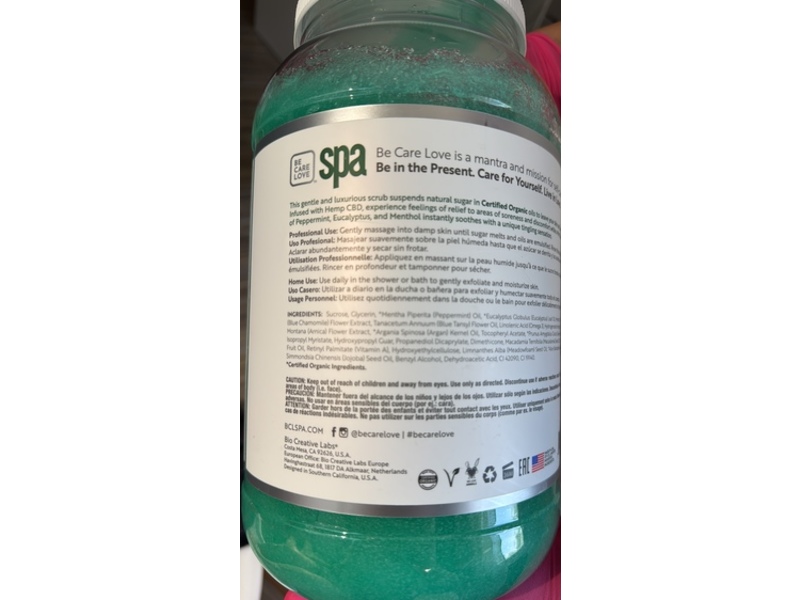 Be Care Love Spa Sugar Scrub, Tingling Mint + CBD, 128 oz/3628 g