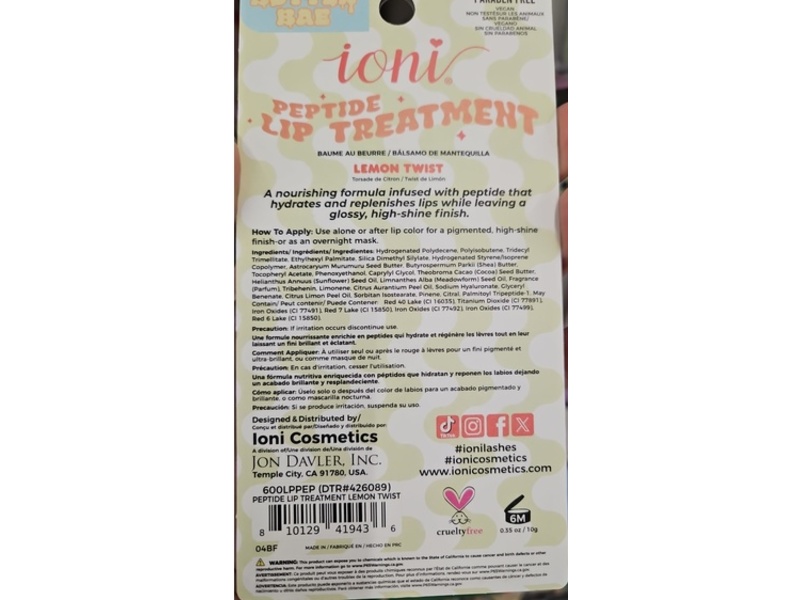 Ioni Peptide Lip Treatment, Lemon, 0.35 oz/10 g