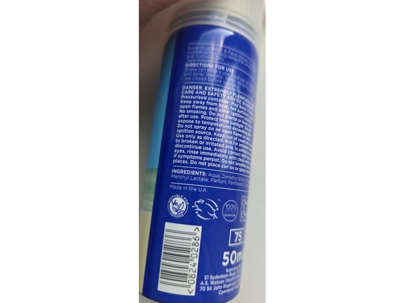 Superdrug Body & Face Instant Cooling Spray, 50 mL