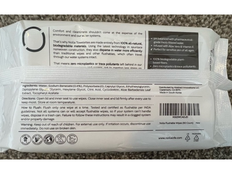 Nolla Flushable Wipes, 60 Count