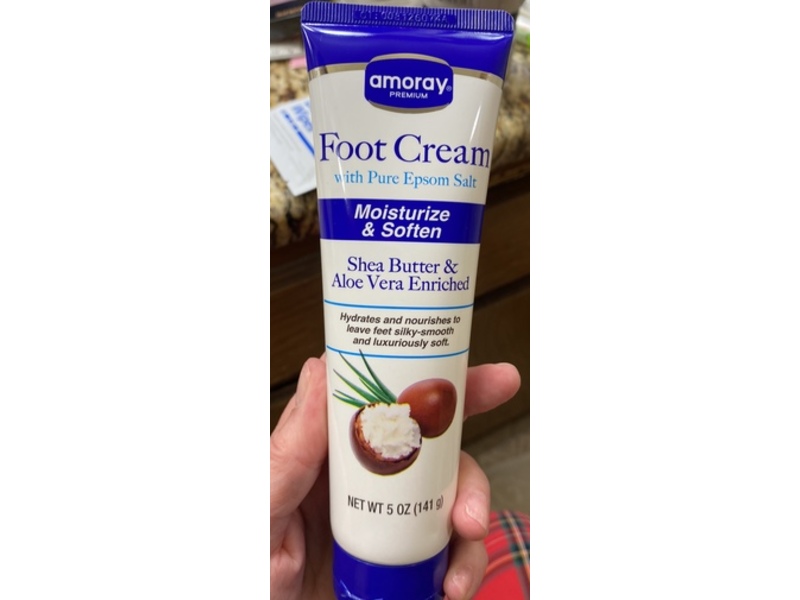 Amoray Foot Cream, Pure Epsom Salt Shea Butter & Aloe Vera Enriched, 5 oz/141 g