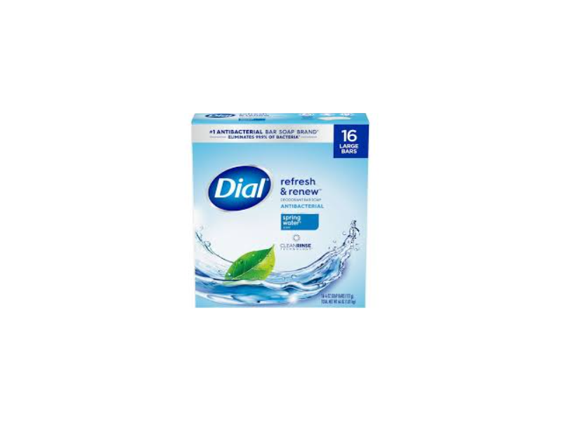Dial Refresh & Renew Antibacterial Deodorant Bar Soap, Spring Water, 4 oz/113 g, Pack Of 16