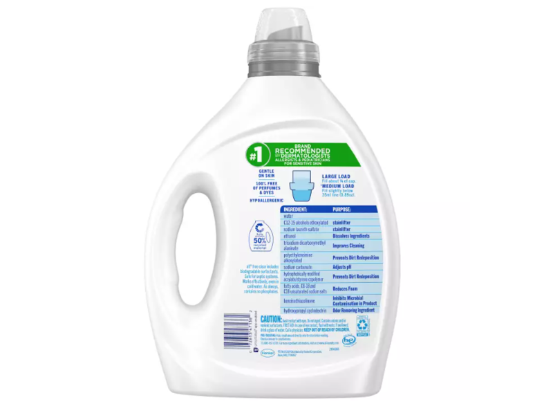 All Free Clear Concentrated Liquid Laundry Detergent, Odor Relief, 90 Loads, 80.1 fl oz/2.36 L