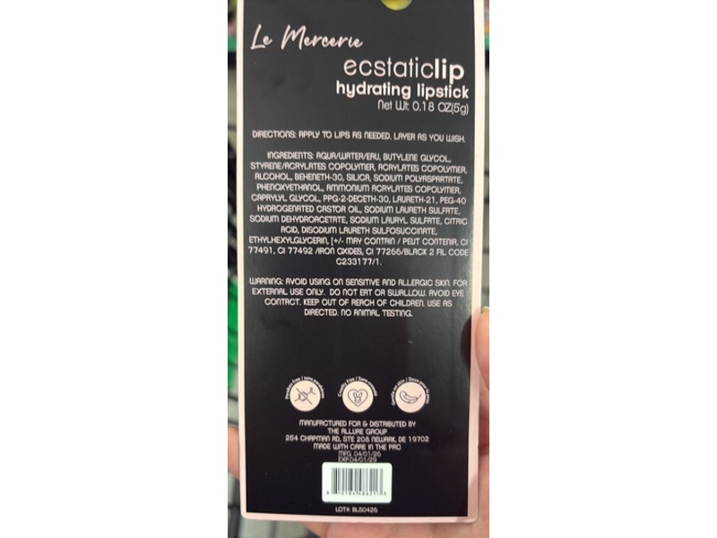 LE MERCERIE Ecstatic Lip Hydrating Lipstick, Vitamin E, Sheer Wine, 0.18 oz/5 g