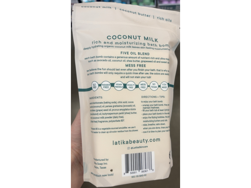 Latika Coconut Milk Rich & Moisturizing Bath Bombs, 5.2 oz/56 g