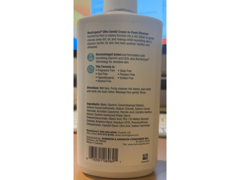 Neutrogena Ultra Gentle Cream To Foam Cleanser, 12 fl oz/354 mL