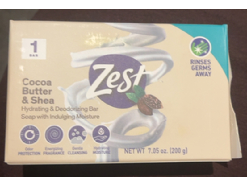 Zest Hydrating & Deodorizing Soap Bar, Cocoa Butter & Shea, 7.05 oz/200 g