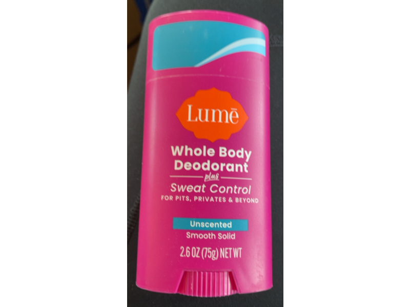 Lume Whole Body Deodorant Plus Sweat Control, Unscented, 2.6 oz/75 g