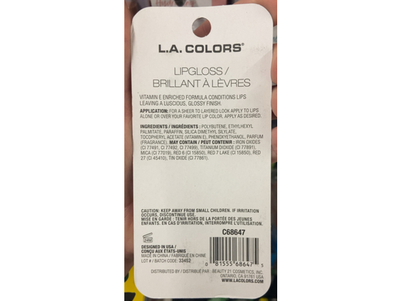 L.A. Colors Moisturizing Lip Gloss, C68647 Fruit Punch, 0.34 fl oz/10 mL