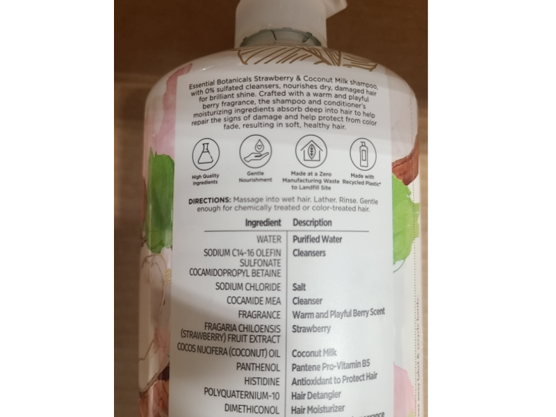 Pantene Essential Botanicals Moisturizing Shampoo, Strawberry & Coconut Milk, 38.2 fl oz/1.13 L