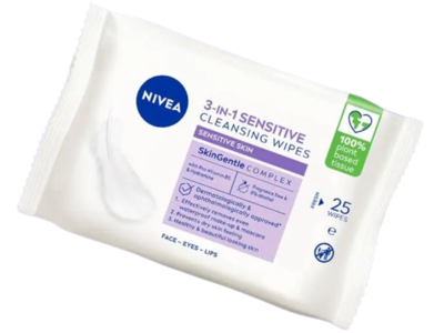 Nivea 3 In 1 Sensitive Cleansing Wipes, Sensitive Skin, Count 25